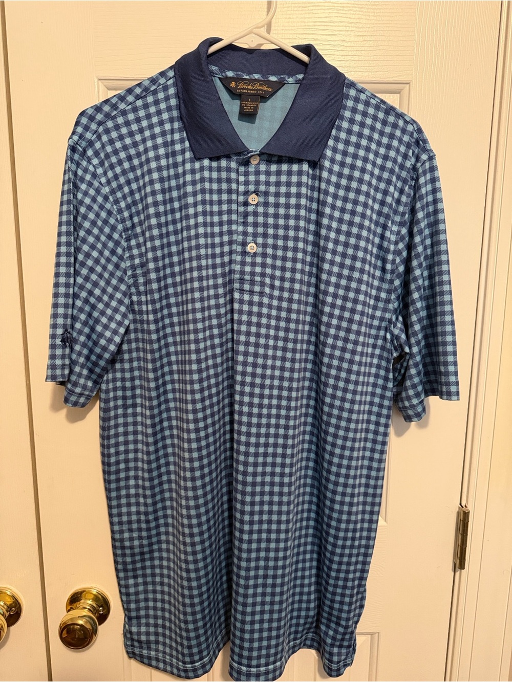 Brooks Brothers Blue Check Short-Sleeve Polo with Navy Collar